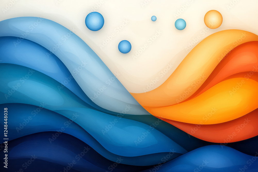 Aufkleber a flowing abstract landscape in deep blue and warm orange waves, dotted with floating bubbles that
