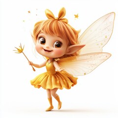 Cute fairy with translucent wings and a wand, smiling, isolated on white background