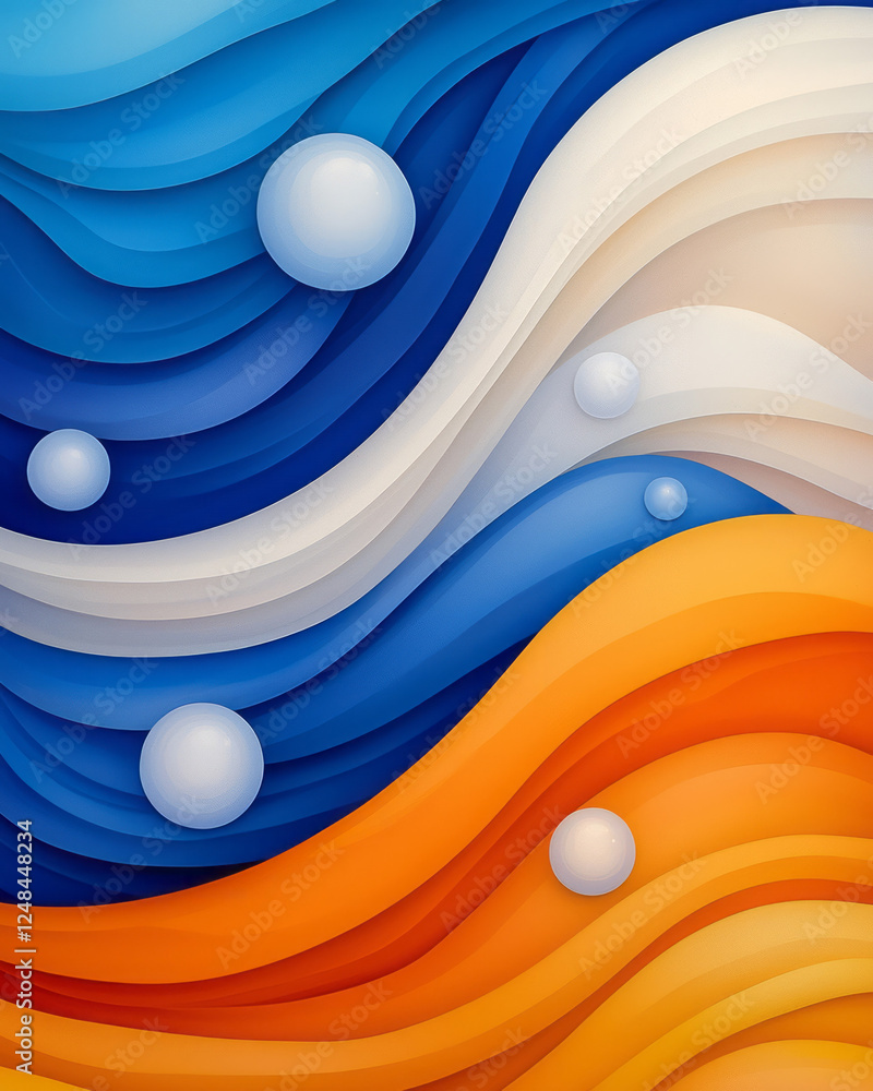 Poster a dynamic arrangement of waves in deep blue and orange tones, interspersed with floating bubbles