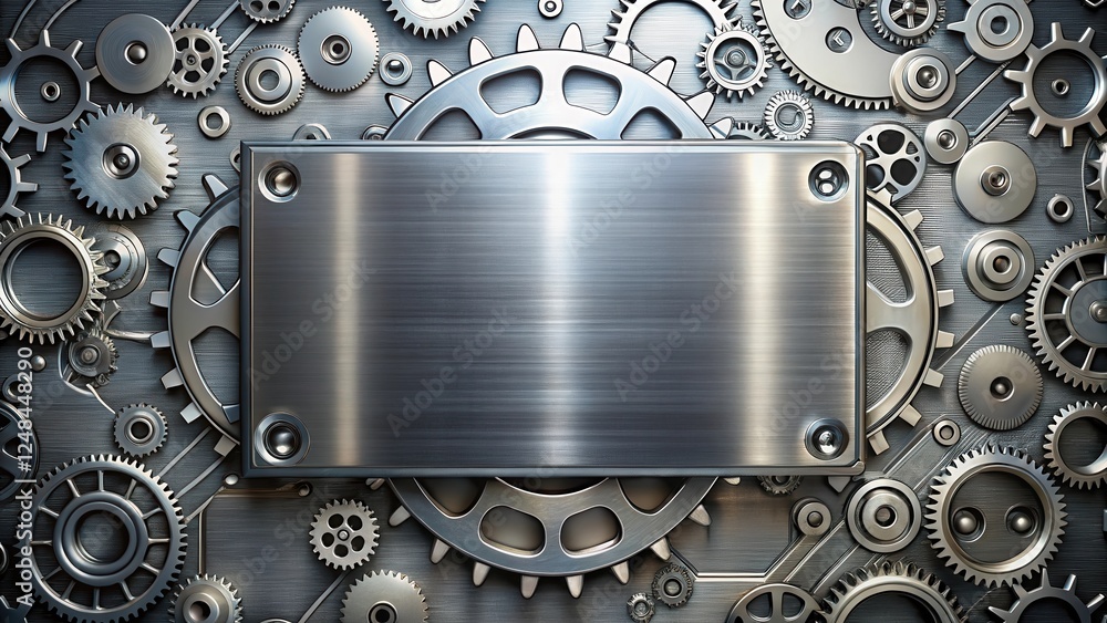 Wall mural brushed metal plate set against a complex array of interlocking gears and cogs, an industrial design