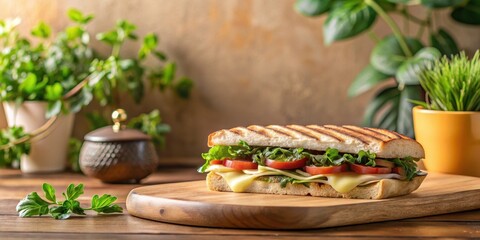 A Delicious Grilled Panini Sandwich with Melted Cheese, Tomatoes, and Fresh Greens on a Wooden Board