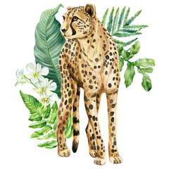 Elegant Cheetah Standing Amidst Lush Foliage, palm, White Flowers. Exotic Watercolor Animal Art for Posters and Prints