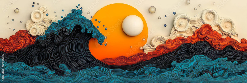 Poster an otherworldly composition of flowing waves in oceanic blues and fiery oranges, lightly peppered