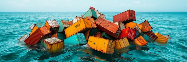 Fototapeta premium supply chain crisis concept. Colorful shipping containers floating in turquoise water.