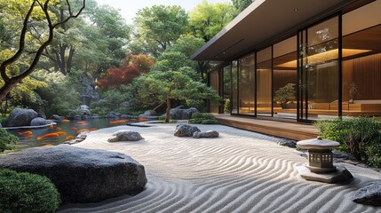 Zen Garden Serenity: Modern Japanese House with Koi Pond and Sand Garden