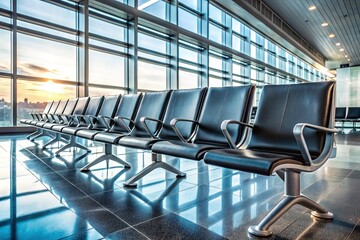 Fototapeta premium Black plastic waiting room chairs, passenger arrivals.