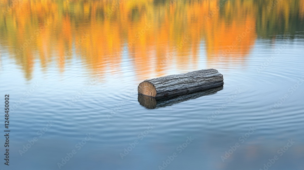 Aufkleber a single log floats on calm autumn water reflecting trees