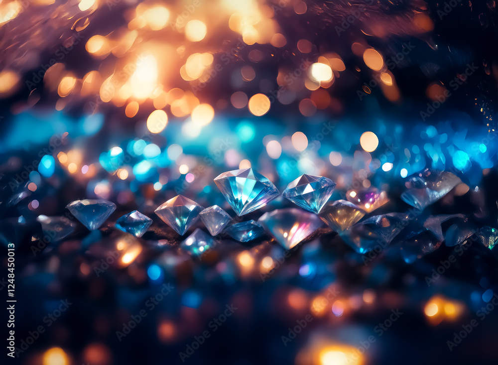 Poster double exposure art creates a dazzling display of gems. blue and gold lights sparkle, adding depth a