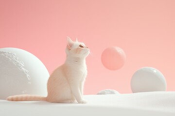 Cat gazing at floating spheres in a serene pastel landscape during soft light