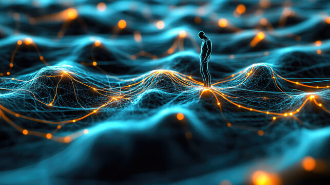 Anonymous Hacker Enveloped in Glowing Data Network, Illustrating Concepts of Cybersecurity, Cybercrime, and Cyberattack