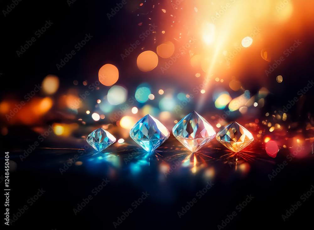 Poster double exposure art of sparkling gems reflecting light with bokeh circles creates a magical and abst