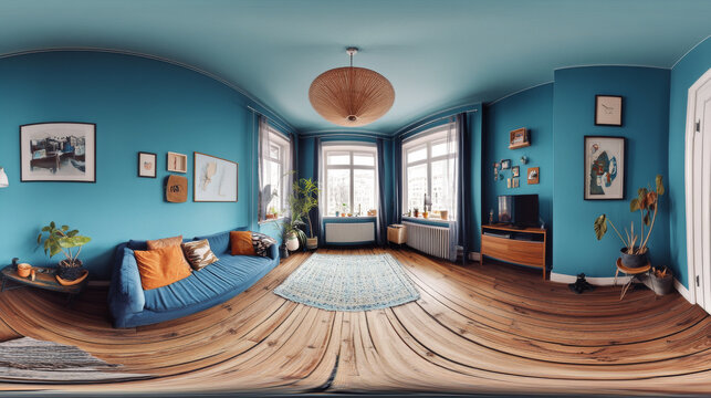empty room with blue walls and wooden floor interior 3d rendering illustration 360 equirectangular panorama