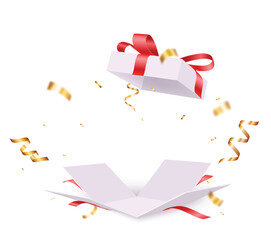 Open Gift Box With Falling Confetti. Present box for birthday, Christmas and New Years 