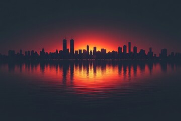 City skyline silhouette reflected on water during a vivid sunset