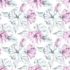 Fototapeta premium Seamless pattern with delicate pink and white flowers and leaves. Handmade watercolor illustration. Great for textiles, wallpaper, wrapping paper, wedding, holiday backgrounds.