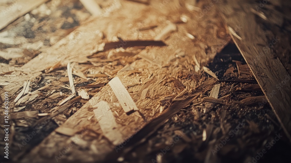 Poster close up view of wood shavings and particle board