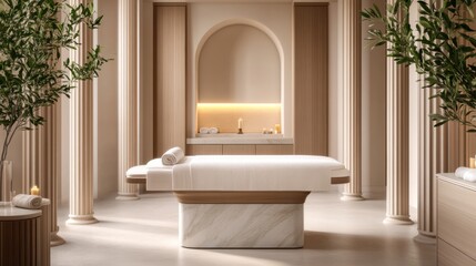 Luxurious and Serene Spa Interior with Elegant Columns and Soft Lighting for Relaxation and Tranquility