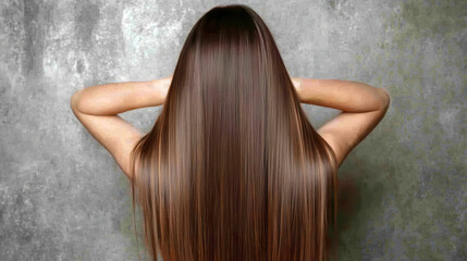 Fototapeta premium Long, shiny hair flowing down woman back against textured background