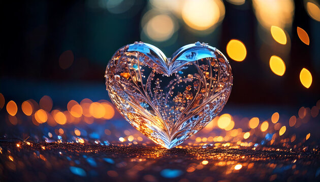 A close-up shot of a delicate crystal heart reflecting surrounding twinkling bokeh lights
