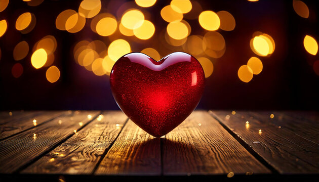 A glossy red heart placed on a dark wooden table, bathed in the warm glow of fairy lights