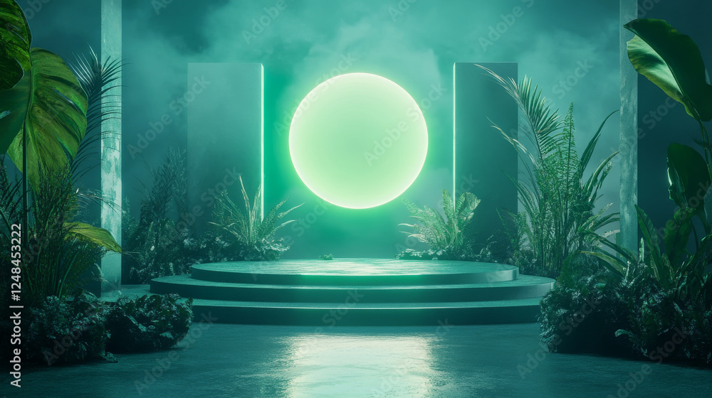 Aufkleber futuristic 3d render illustration technology background. abstract structure with green glowing artif