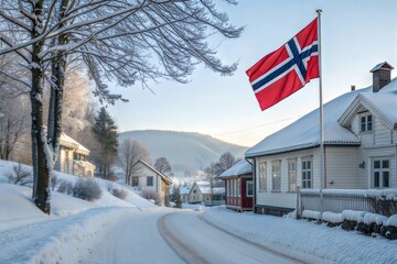 A picturesque Norwegian street covered in fresh snow, with a Norway flag waving proudly. A peaceful winter scene capturing national pride and Nordic charm.