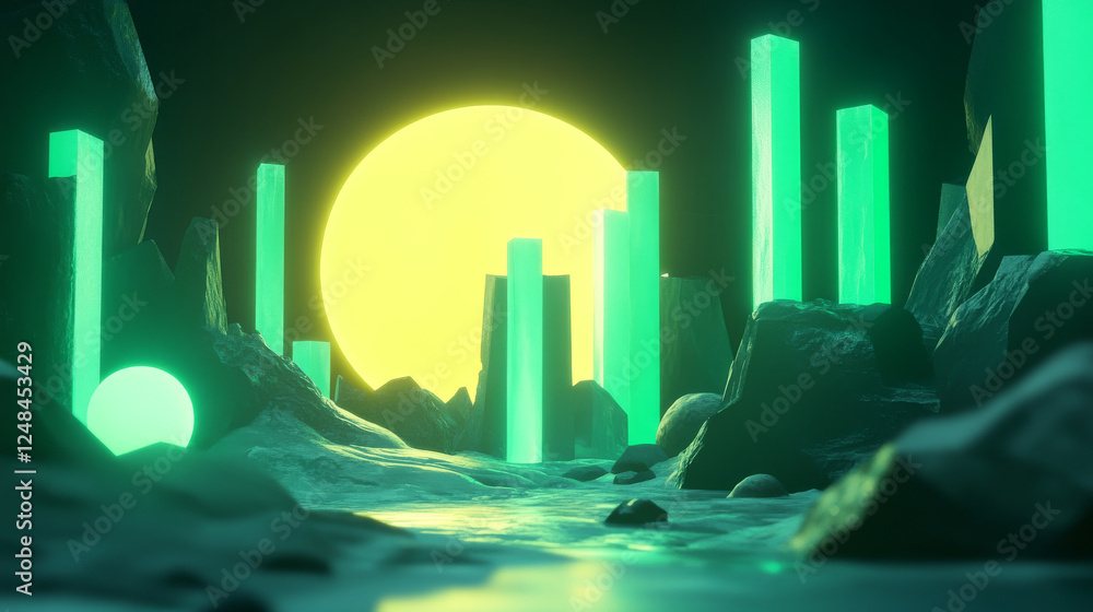 Aufkleber futuristic 3d render illustration technology background. abstract structure with green glowing artif