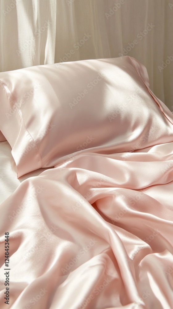 Poster luxurious silk bedding in a delicate shade of pink envelops the bed, creating a serene atmosphere. n
