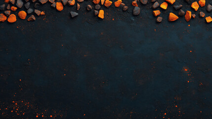 Colorful stones scattered on a dark surface create a striking visual contrast in a natural setting
