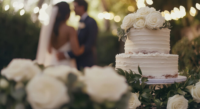 A stunning wedding cake featuring white roses is elegantly displayed on a table, complementing a couple embracing in the background - Powered by Adobe