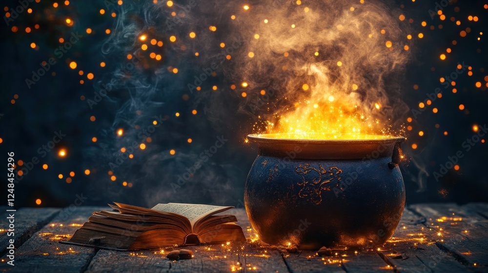 Poster glowing cauldron with open book and magic sparks