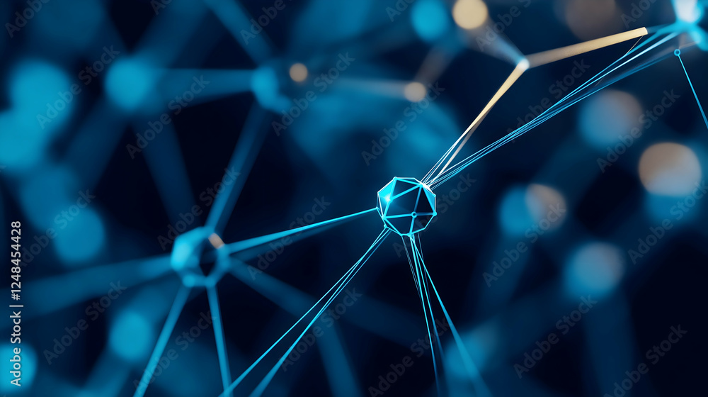 Poster a close-up of interconnected nodes and lines, creating a vivid representation of technology, data, o