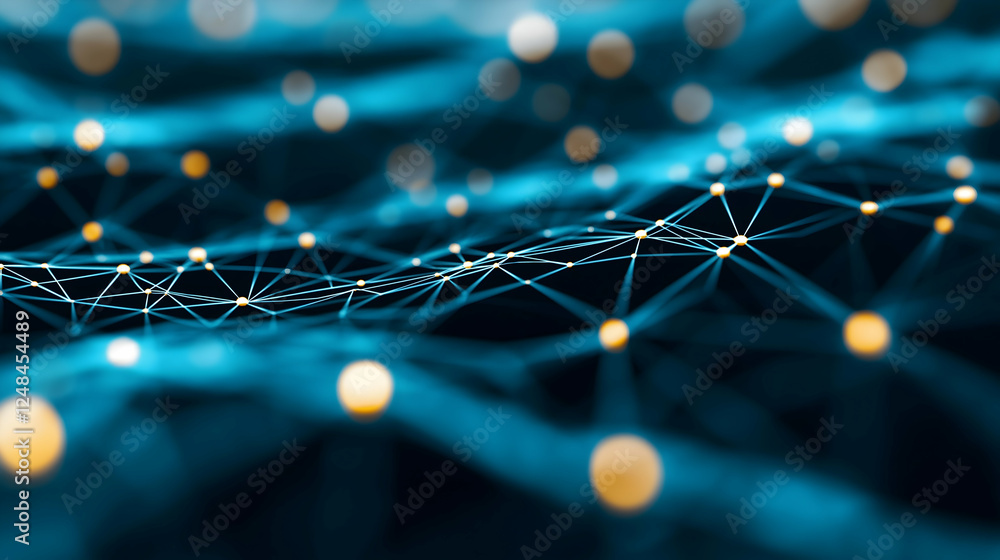 Poster a stunning abstract image of interconnected lines and dots, showcasing a dynamic network in vibrant 