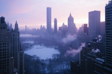 Skyscrapers of New York rise above Central Park at dawn, enveloped in a soft purple haze over a serene winter landscape