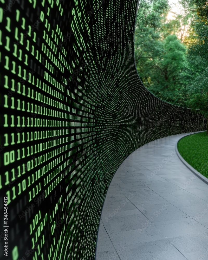 Poster a digital pathway curves through a lush environment, featuring a wall of green binary code against a