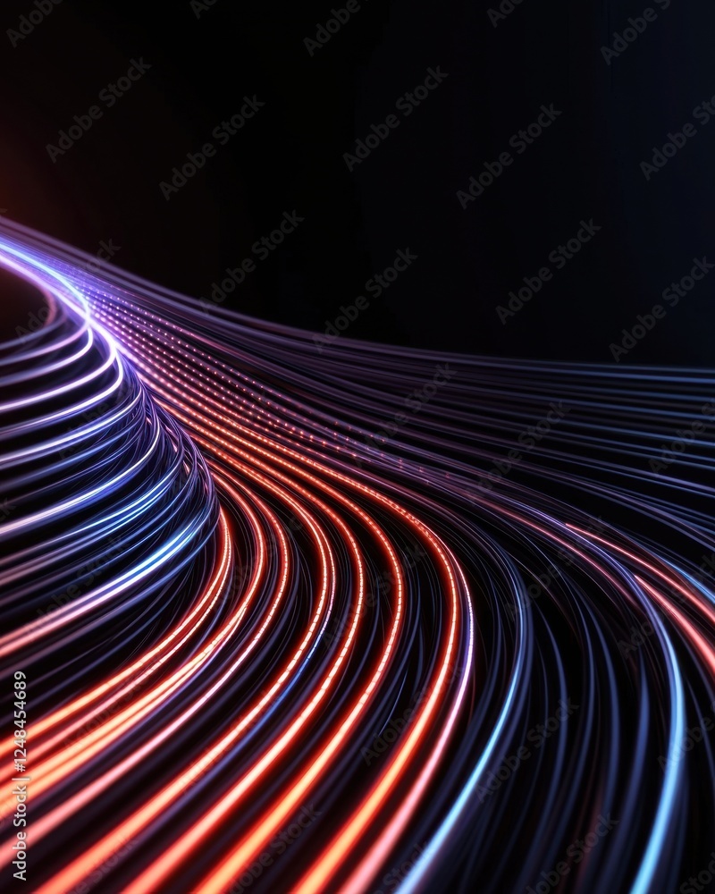 Poster a vibrant, abstract representation of flowing lines in red, blue, and purple against a dark backgrou