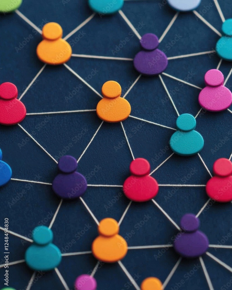 Poster colorful figures connected by lines create a dynamic network, symbolizing relationships or social co