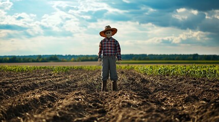 Scarecrow stands watch in freshly tilled field under a blue sky with clouds, creating a peaceful agricultural landscape. Generative AI