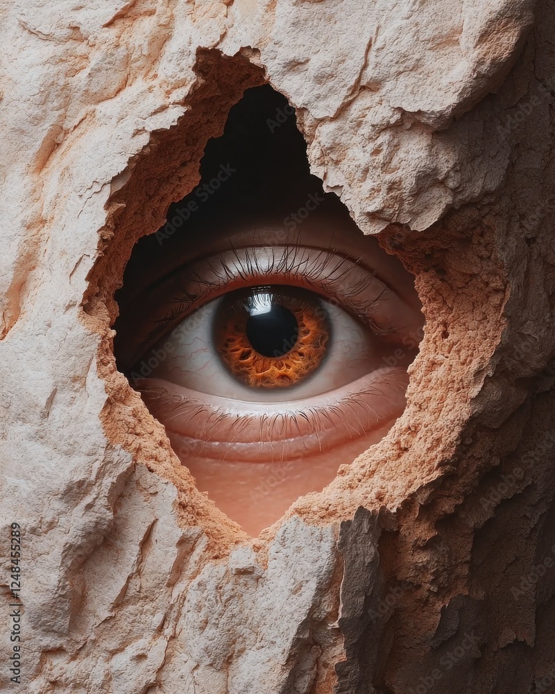 Poster an eye peeks through a jagged hole in a textured surface, creating a striking contrast between the o