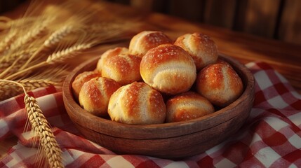 warm homemade bread rolls in wooden bowl