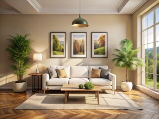 Empty frames adorn a modern living room interior.