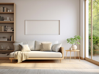 Fototapeta premium Bright and Airy Minimalist Living Room Interior with Natural Light and Wooden Furniture