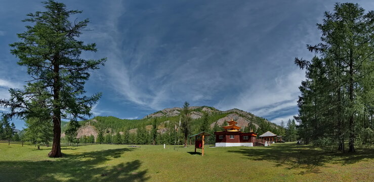 Russia. Western Sayan. The Republic of Buryatia. The architecture of the Buddhist datsan Puntsognamdolling in the valley of the Oka River near the village of Orlik.