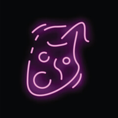 Neon sign in the shape of a human liver, glowing purple on a black background