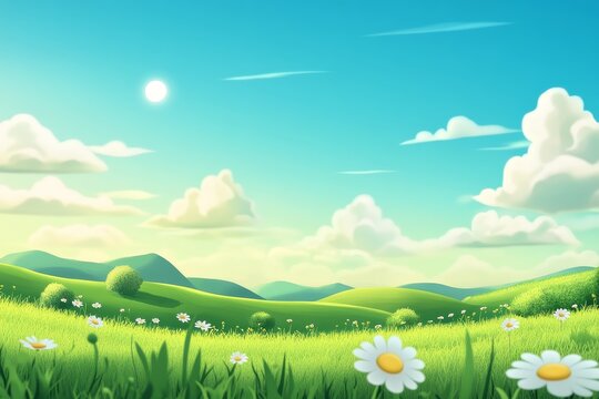 Sunny meadow landscape with hills and clouds - Powered by Adobe