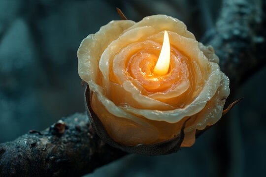 Glowing orange candle shaped like a blooming rose in a natural setting