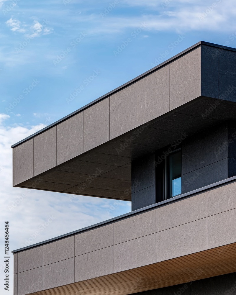 Poster a modern architectural structure featuring sleek lines, a multi-layered facade, and a contrasting co