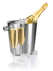 Champagne and bucket with ice isolated on white