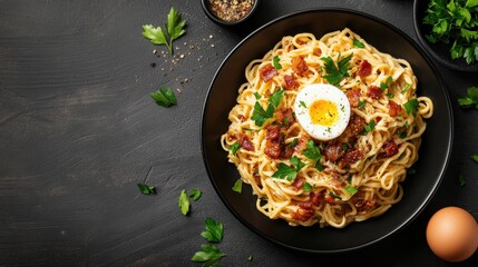 Delectable fusion of ramen noodles and creamy carbonara style sauce topped with a perfectly cooked egg for a visually appealing and indulgent culinary experience