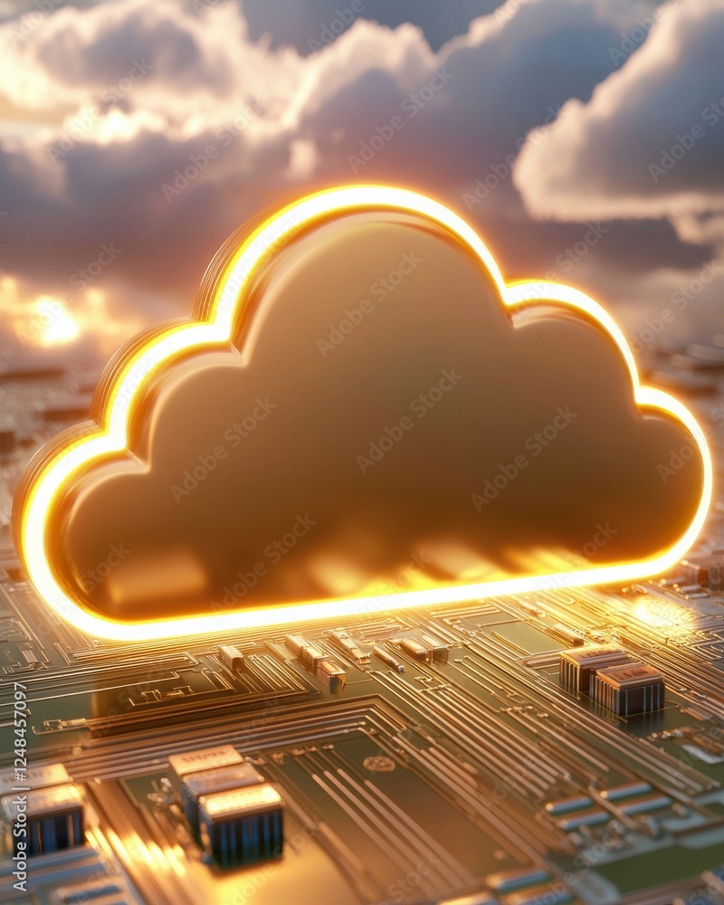 Poster a glowing cloud symbol over a digital circuit board, representing cloud computing and technology adv